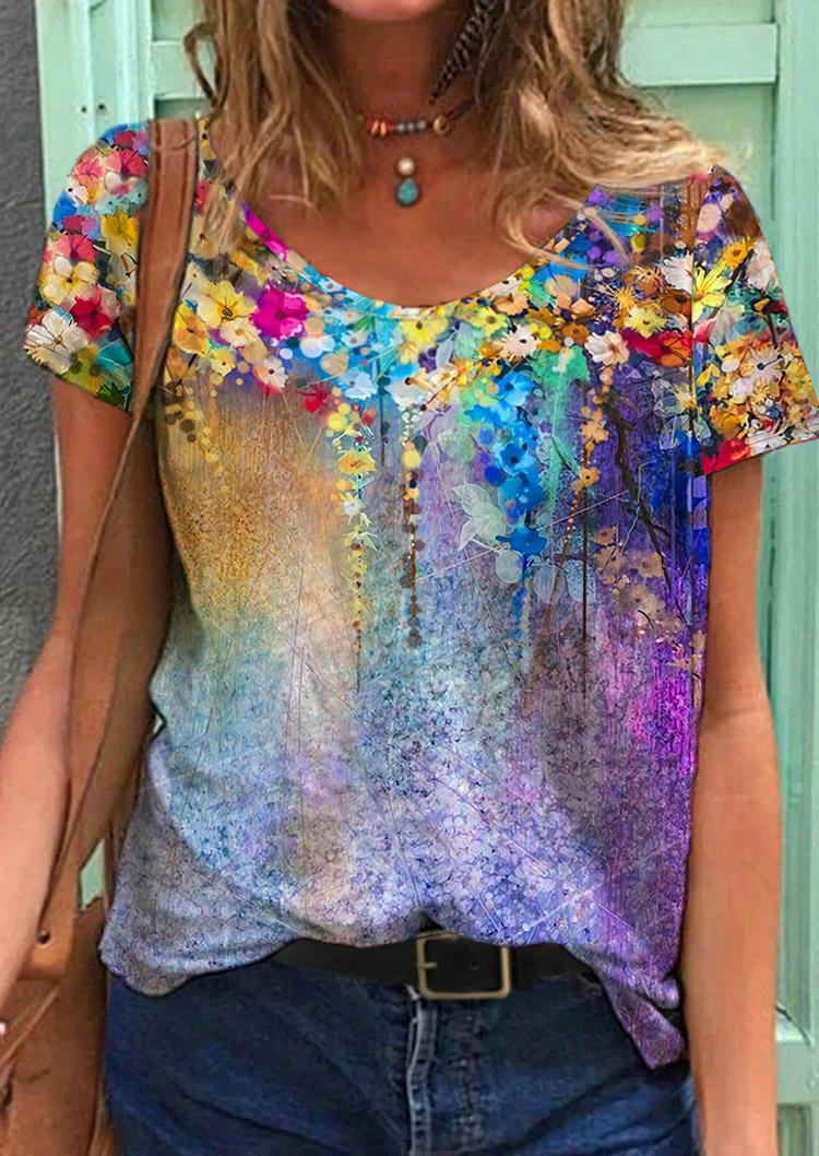 

Colorful Floral Oil Painting Blouse, Multicolor, 502058