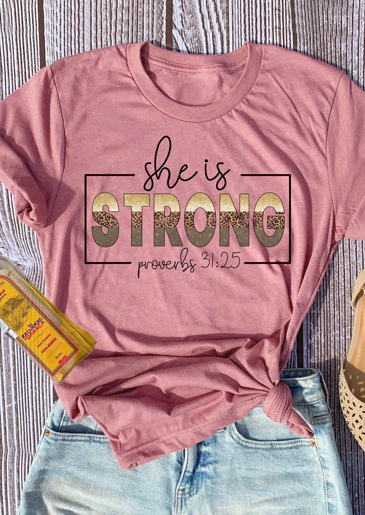 

Leopard She Is Strong O-Neck T-Shirt Tee - Cameo Brown, 502260
