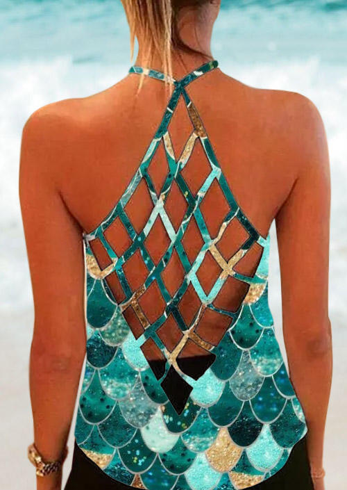 

Colorful Mermaid Scales Criss-Cross Camisole - Green, 502334