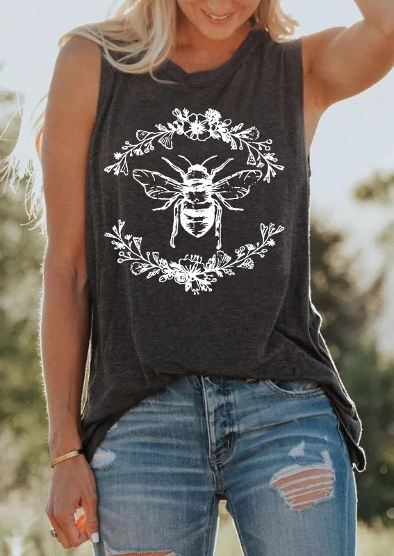 

Bee Floral Sleeveless Tank - Dark Grey, 502412