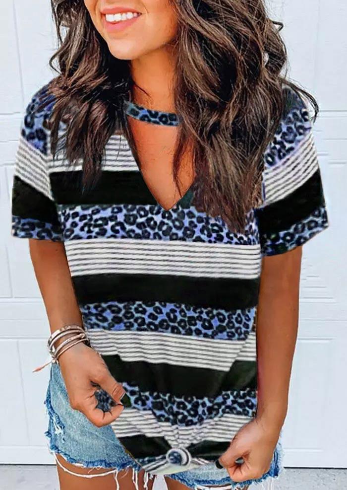 

Leopard Striped Keyhole Neck Casual Blouse - Blue, 502424
