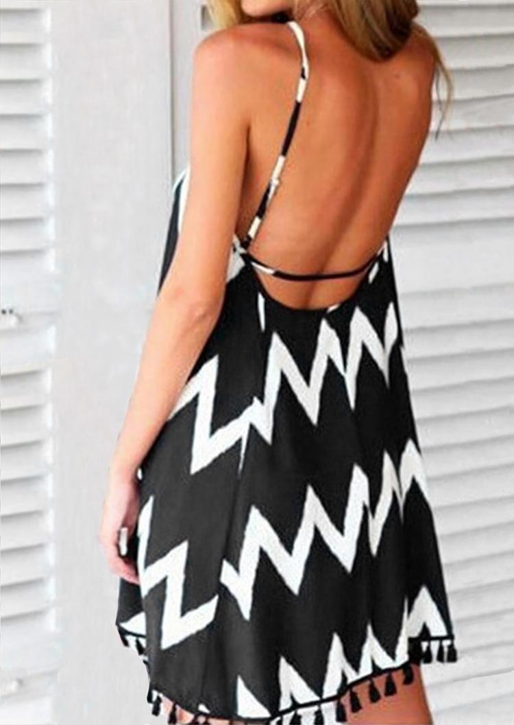 

Zigzag Tassel Open Back Spaghetti Strap Mini Dress - Black, 500747