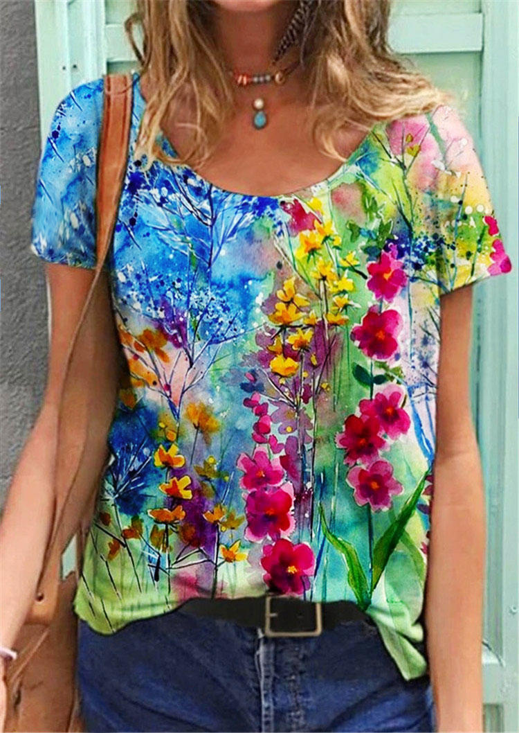 

Colorful Floral Oil Painting Blouse, Multicolor, 502114