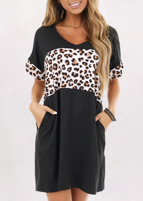 

Leopard Splicing Pocket Mini Dress - Black, 502273