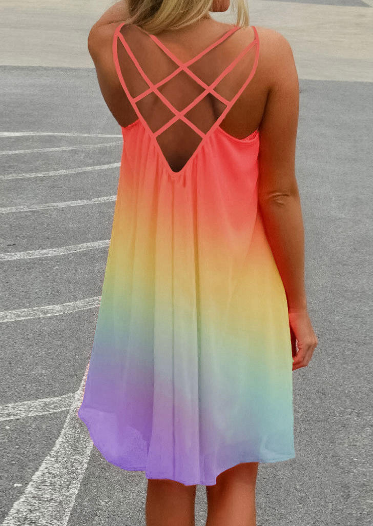 

Rainbow Gradient Criss-Cross Open Back Ruffled Mini Dress, Multicolor, 502386