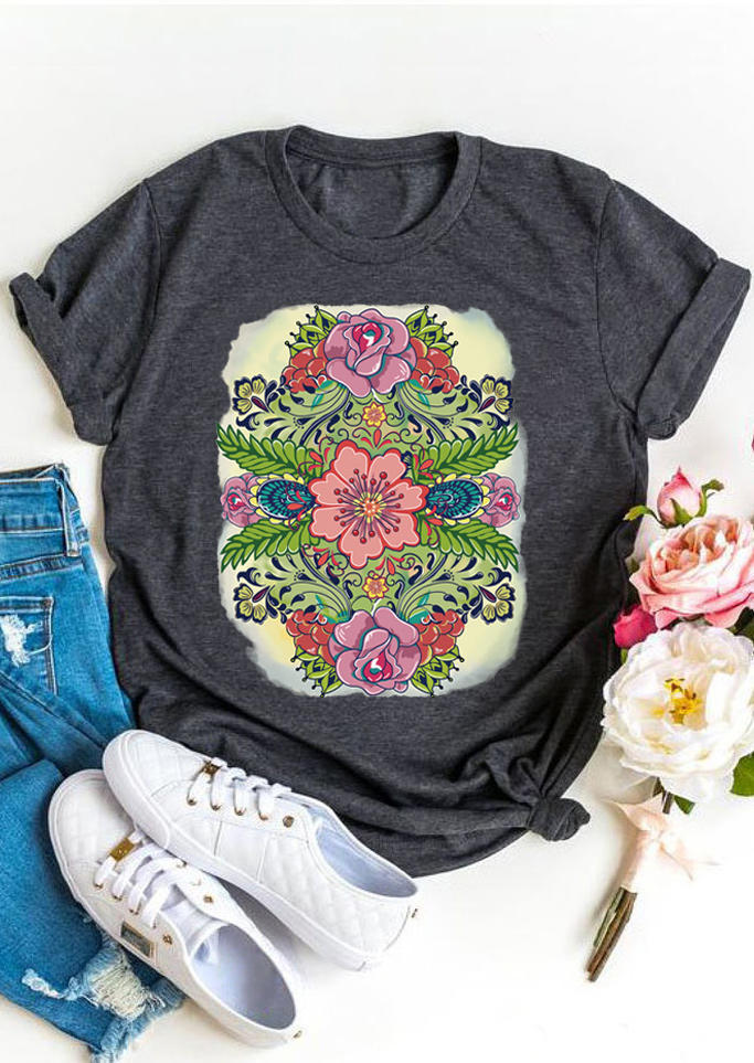 

Floral Leaf O-Neck T-Shirt Tee - Dark Grey, 502452