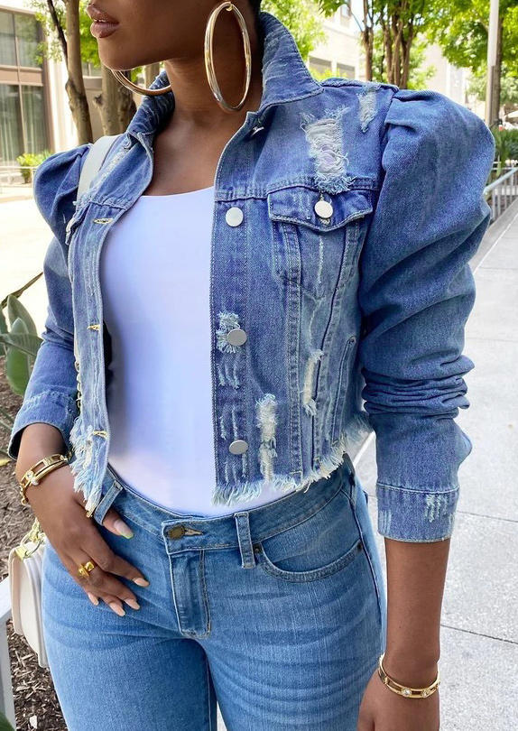 

Button Pocket Ripped Hole Denim Jacket Coat - Blue, 502480