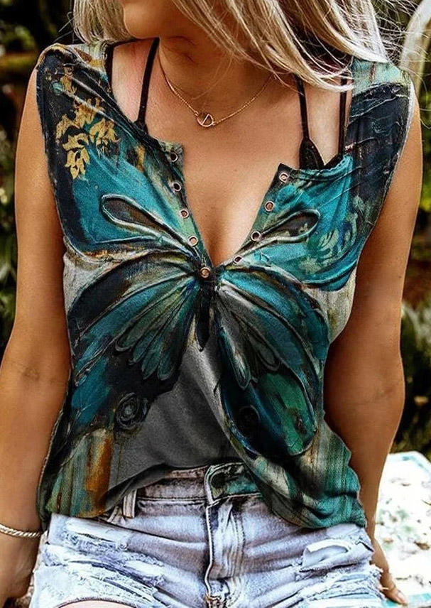 

Butterfly Oil Painting Tank without Black Camisole, Multicolor, 502493
