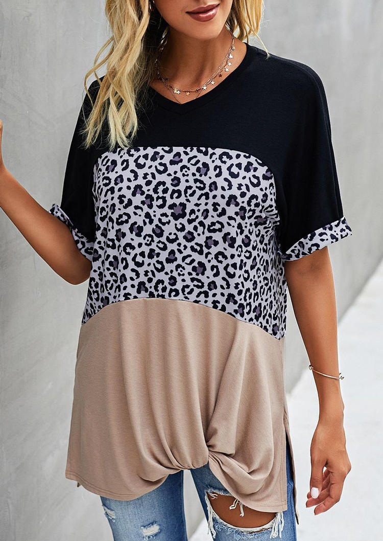 

Leopard Color Block Twist Slit Blouse, Multicolor, 502511