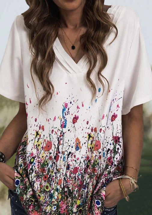 

Floral Oil Painting Ruffled Blouse - White, 502539