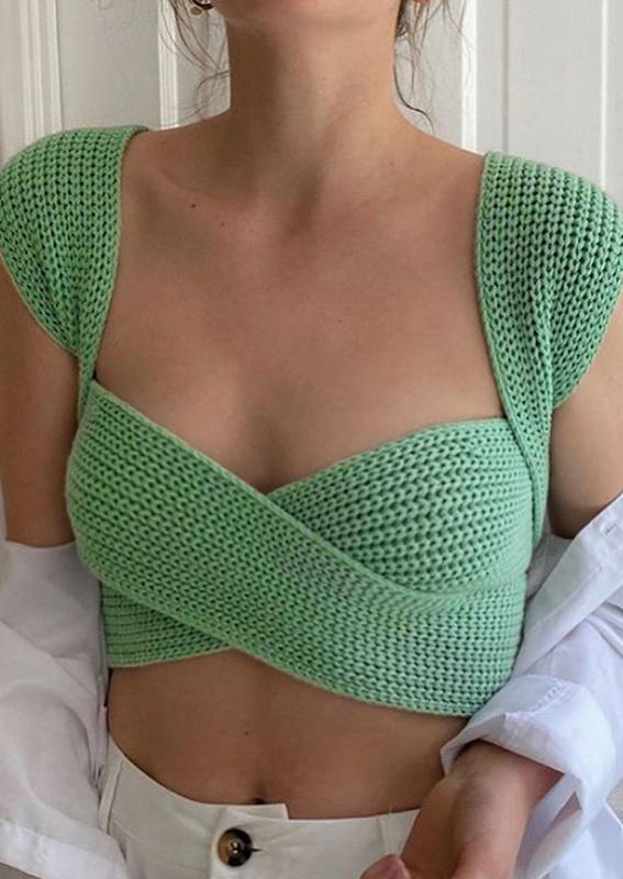 

Criss-Cross Sleeveless Knitted Crop Top - Green, 502600