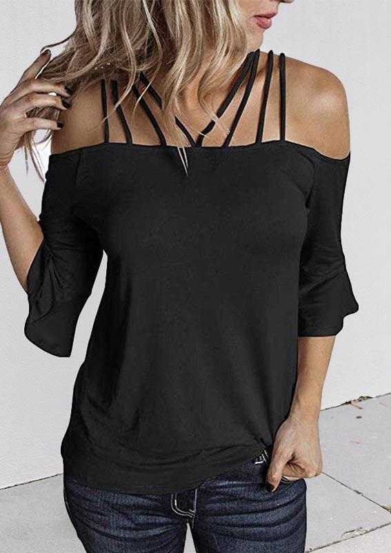 

Hollow Out Spaghetti Strap Flare Sleeve Blouse - Black, 502621