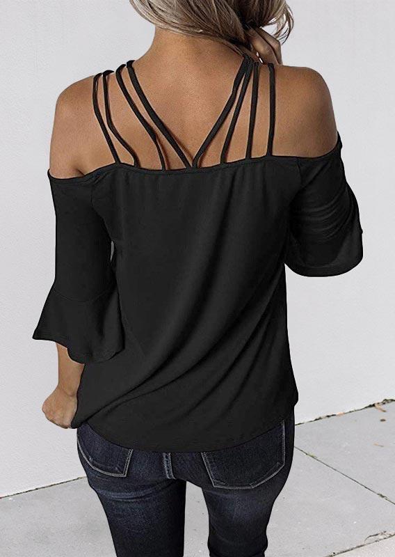 Hollow Out Spaghetti Strap Flare Sleeve Blouse - Black - Bellelily