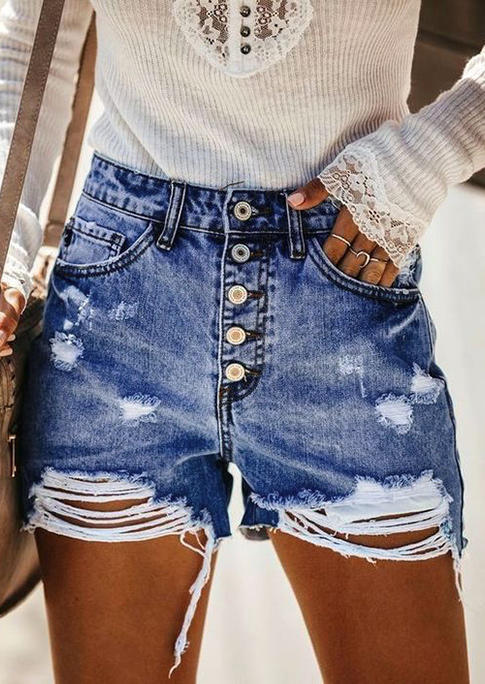 

Button Ripped Hole High Waist Denim Shorts - Blue, 502649
