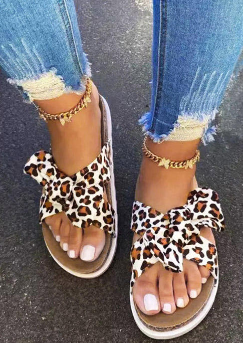 

Leopard Bowknot Open Toe Flat Slippers, 502512