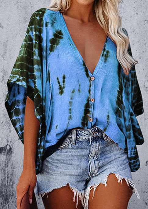 

Tie Dye Button V-Neck Flare Sleeve Shirt - Blue, 502593