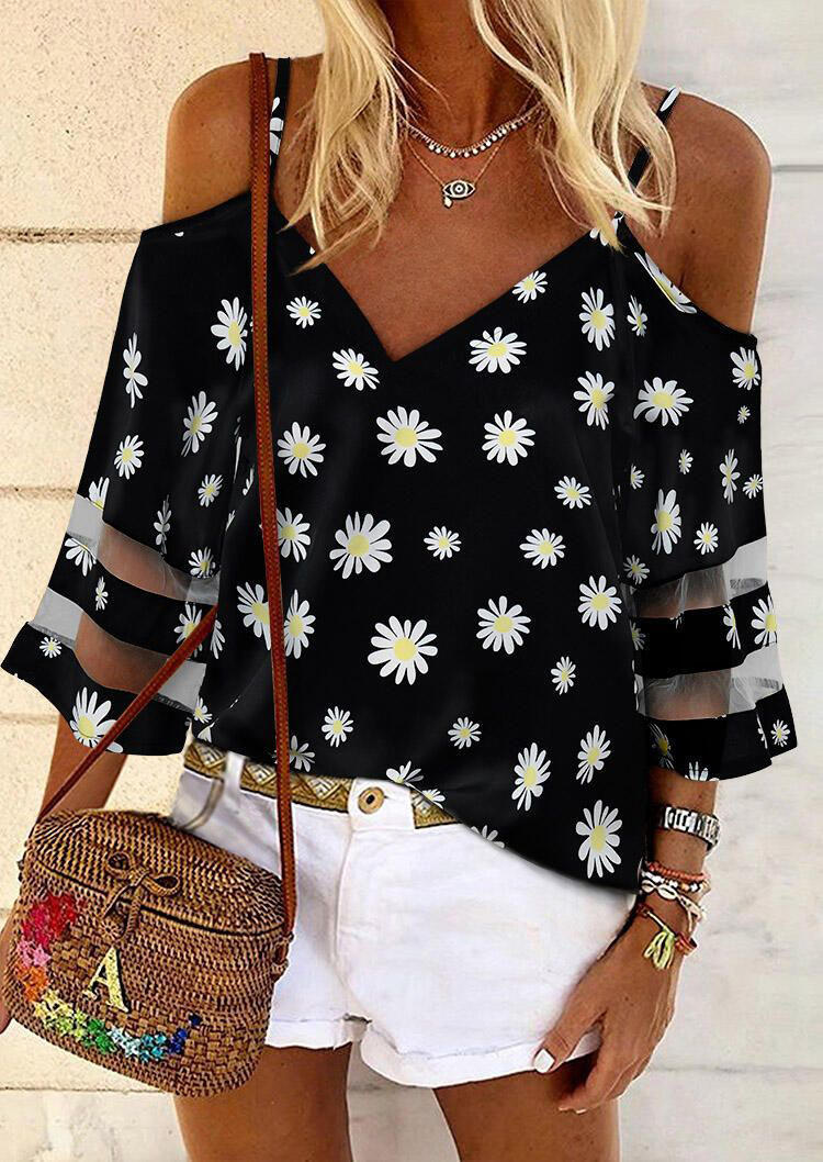 

Daisy Mesh Splicing Cold Shoulder Blouse - Black, 501479