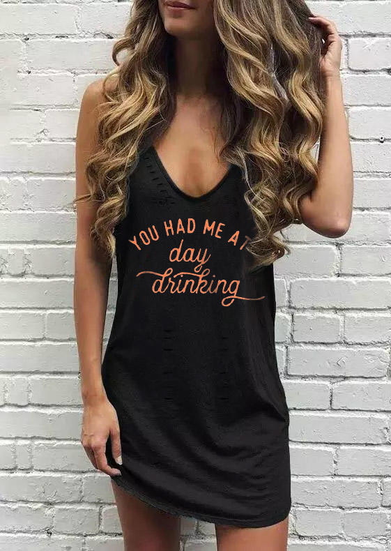 You Had Me At Day Drinking Ripped Sleeveless Mini Dress - Black