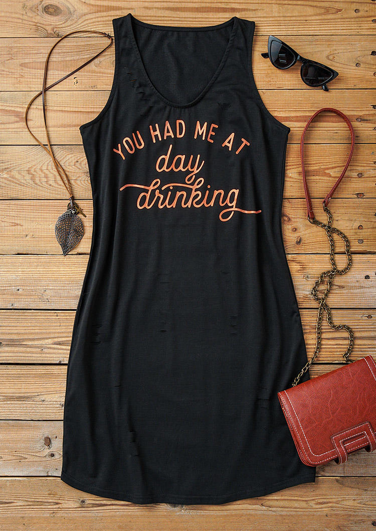 You Had Me At Day Drinking Ripped Sleeveless Mini Dress - Black