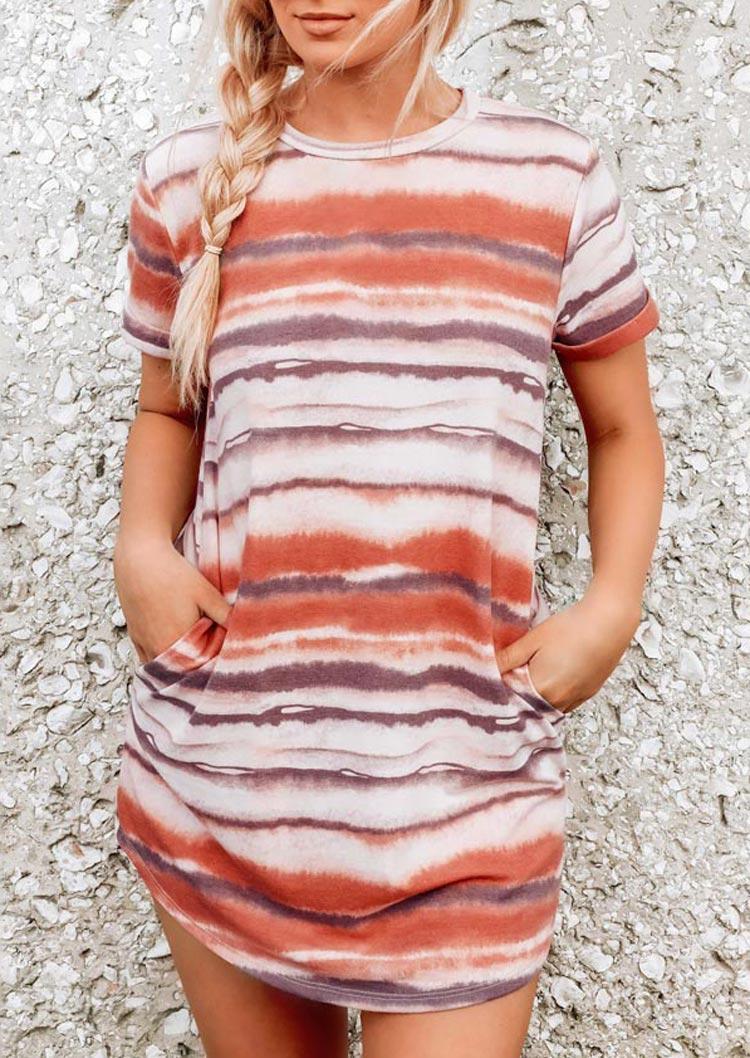 

Tie Dye Striped Pocket O-Neck Mini Dress, Multicolor, 502085