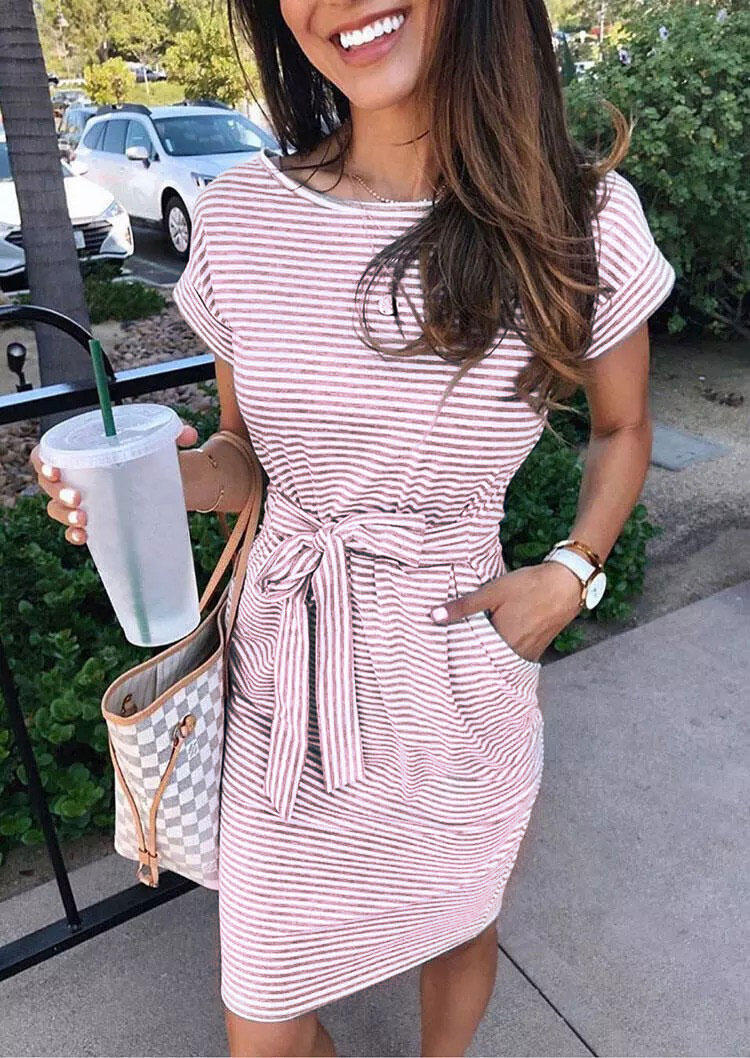 

Striped Pocket Tie Mini Dress - Cameo Brown, 502410