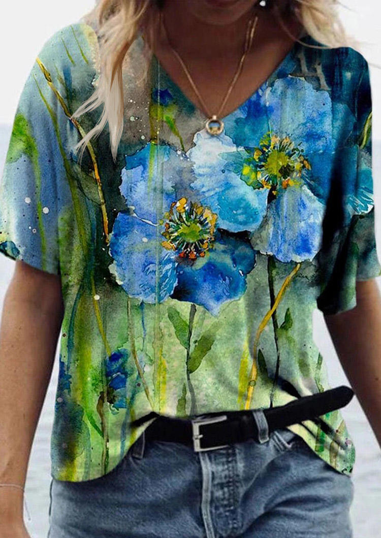 

Magnolia Flower Oil Painting V-Neck Blouse, Multicolor, 502536