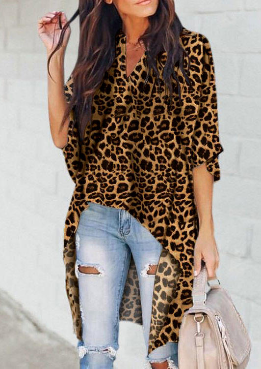 

Leopard Asymmetric V-Neck Blouse, 502575