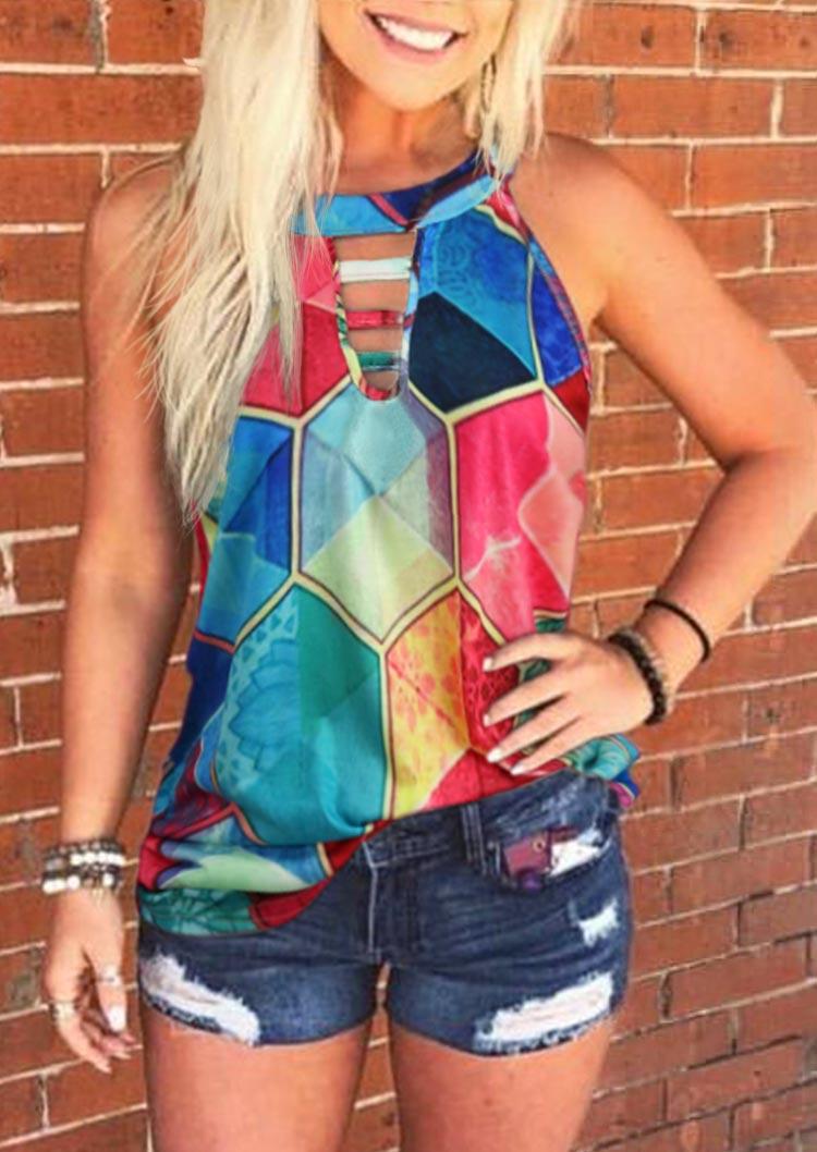

Colorful Geometric Keyhole Neck Halter Tank, Multicolor, 502582