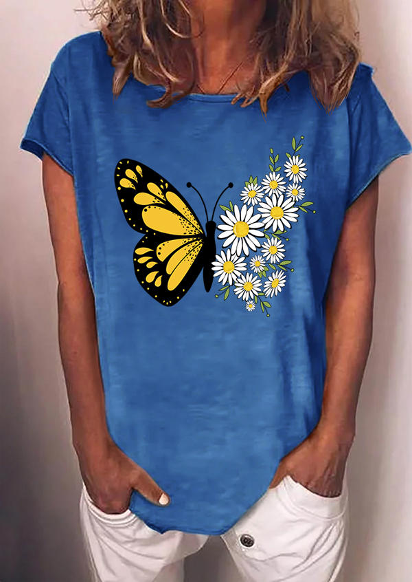 Butterfly Daisy O-Neck T-Shirt Tee - Blue