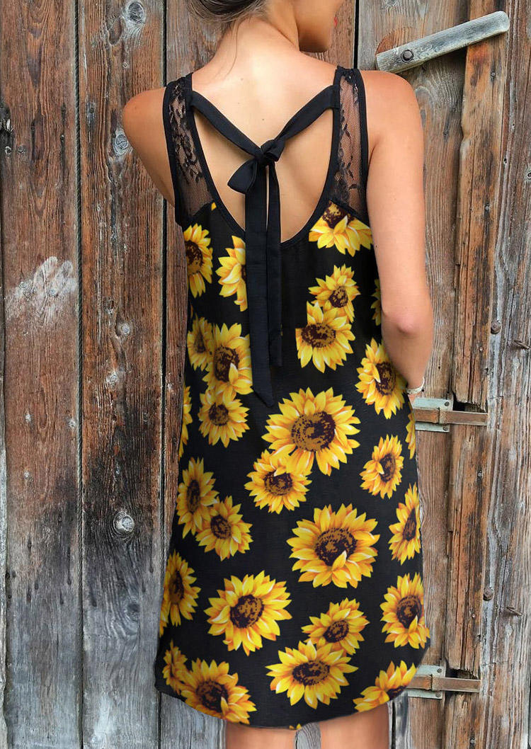 

Sunflower Lace Splicing Tie Open Back Mini Dress - Black, 501853