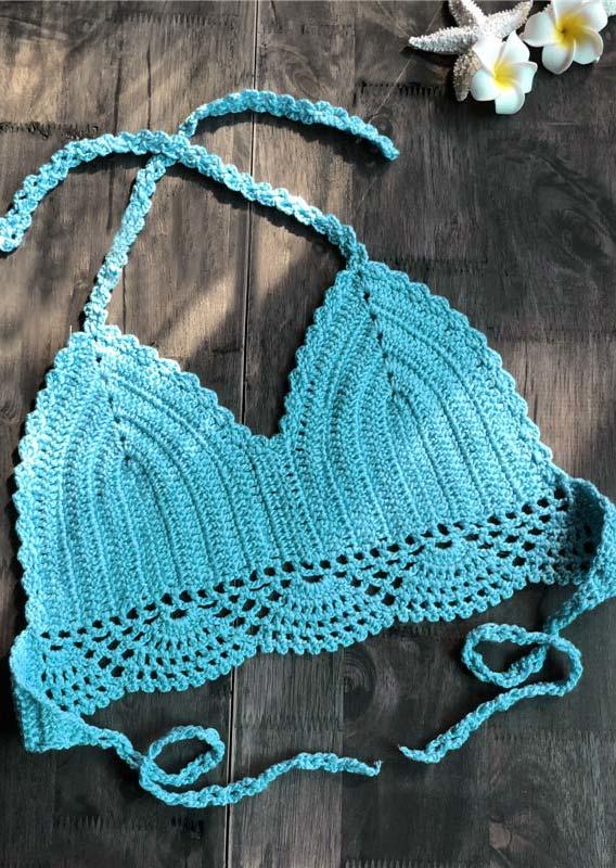 

Crochet Knitted Halter Tie Crop Top - Sky Blue, 502497