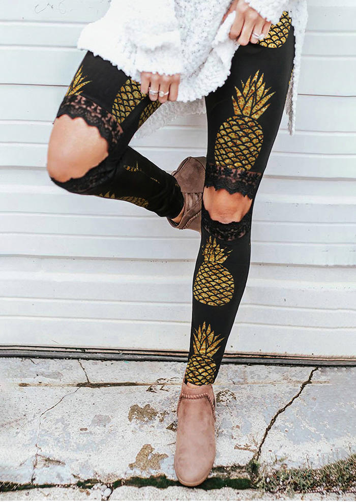 Pineapple Lace Hollow Out Skinny Leggings - Black