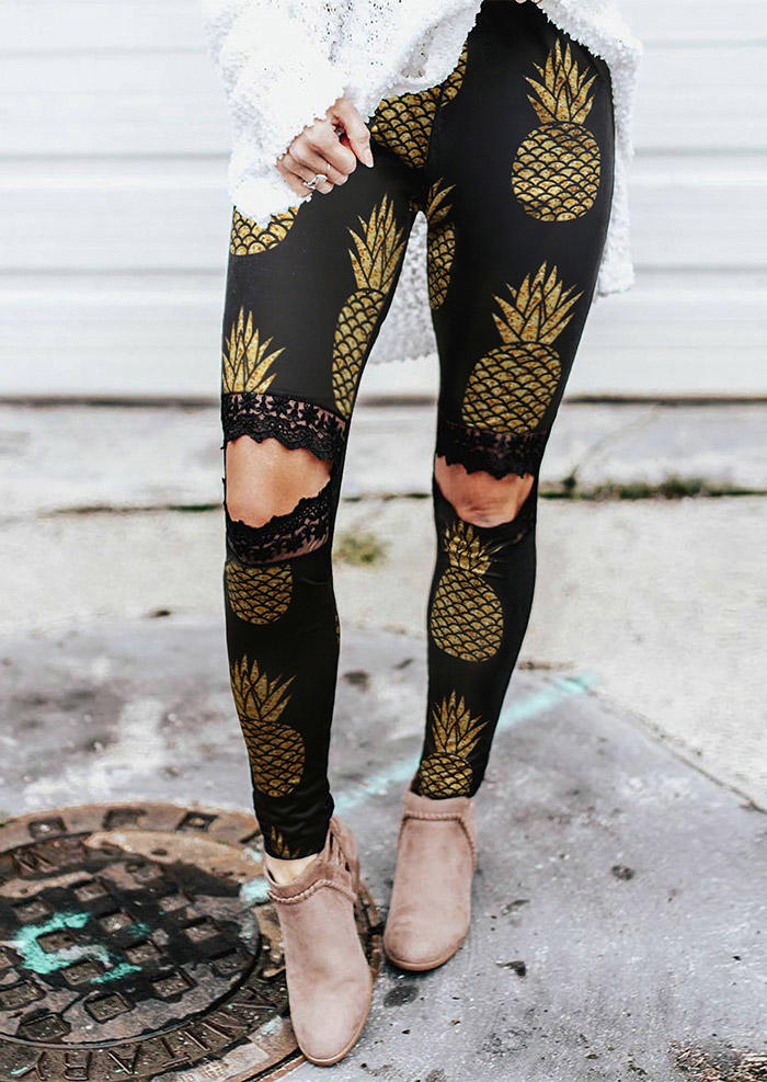 

Pineapple Lace Hollow Out Skinny Leggings - Black, 502551
