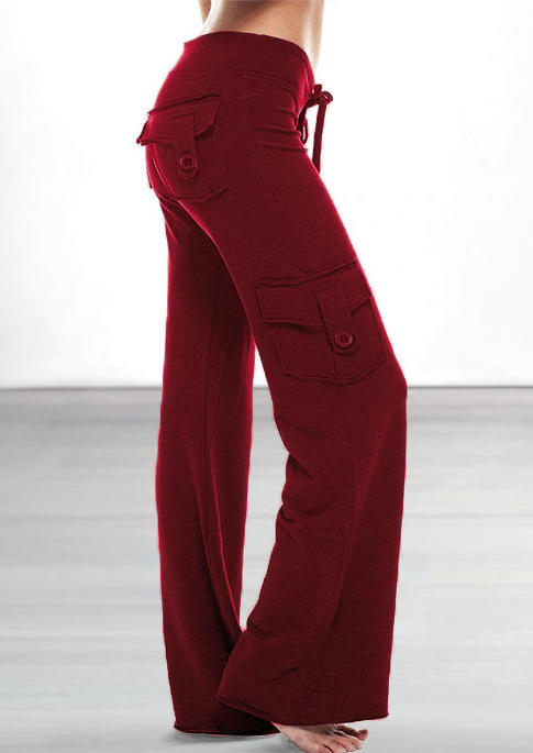 

Elastic Waist Pocket Button Wide Leg Pants - Burgundy, 502557