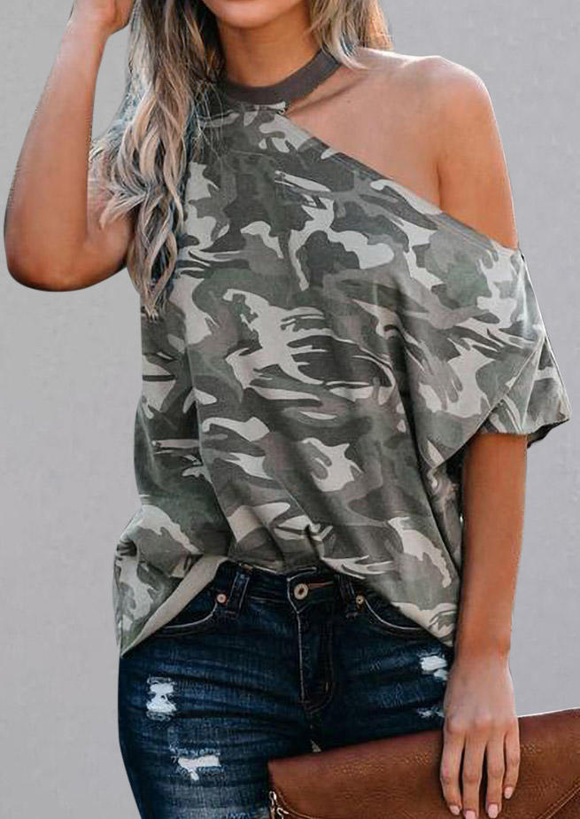 

Camouflage Asymmetric One Sided Cold Shoulder Blouse, 502641