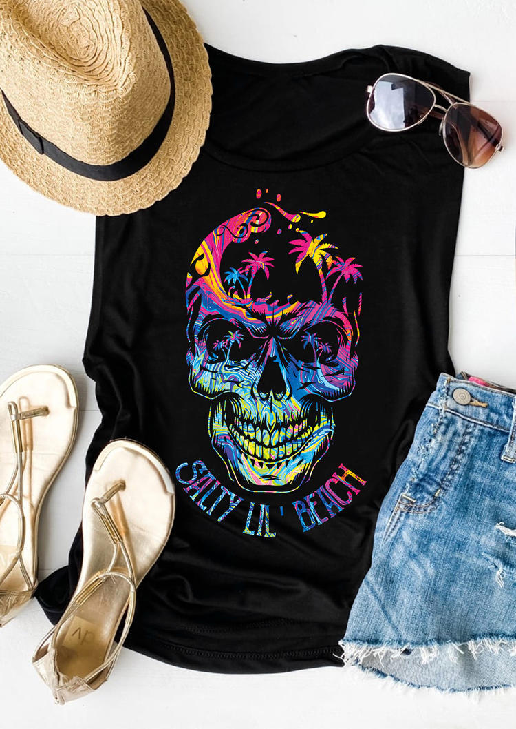 

Salty Lil' Beach Colorful Skull Coconut Tree Tank - Black, 502682