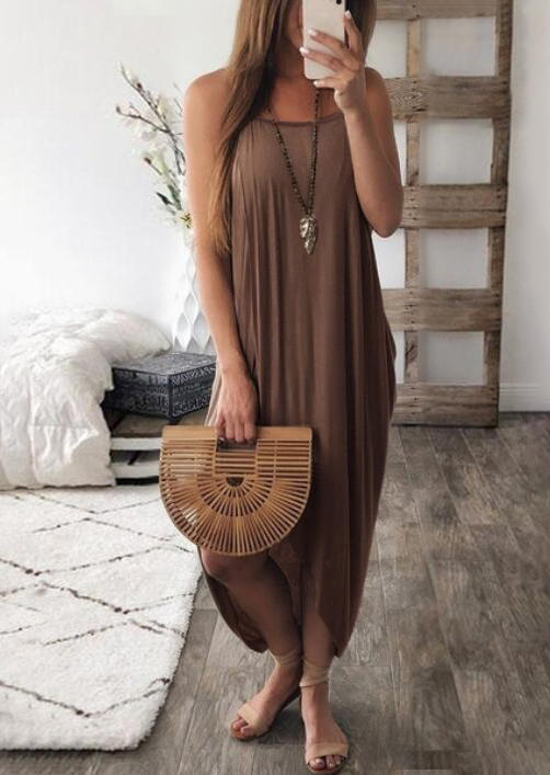 

Irregular Wrap Spaghetti Strap Maxi Dress - Coffee, 502715