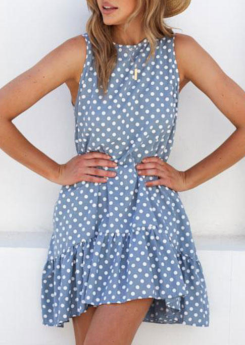 

Polka Dot Ruffled O-Neck Mini Dress - Blue, 502723