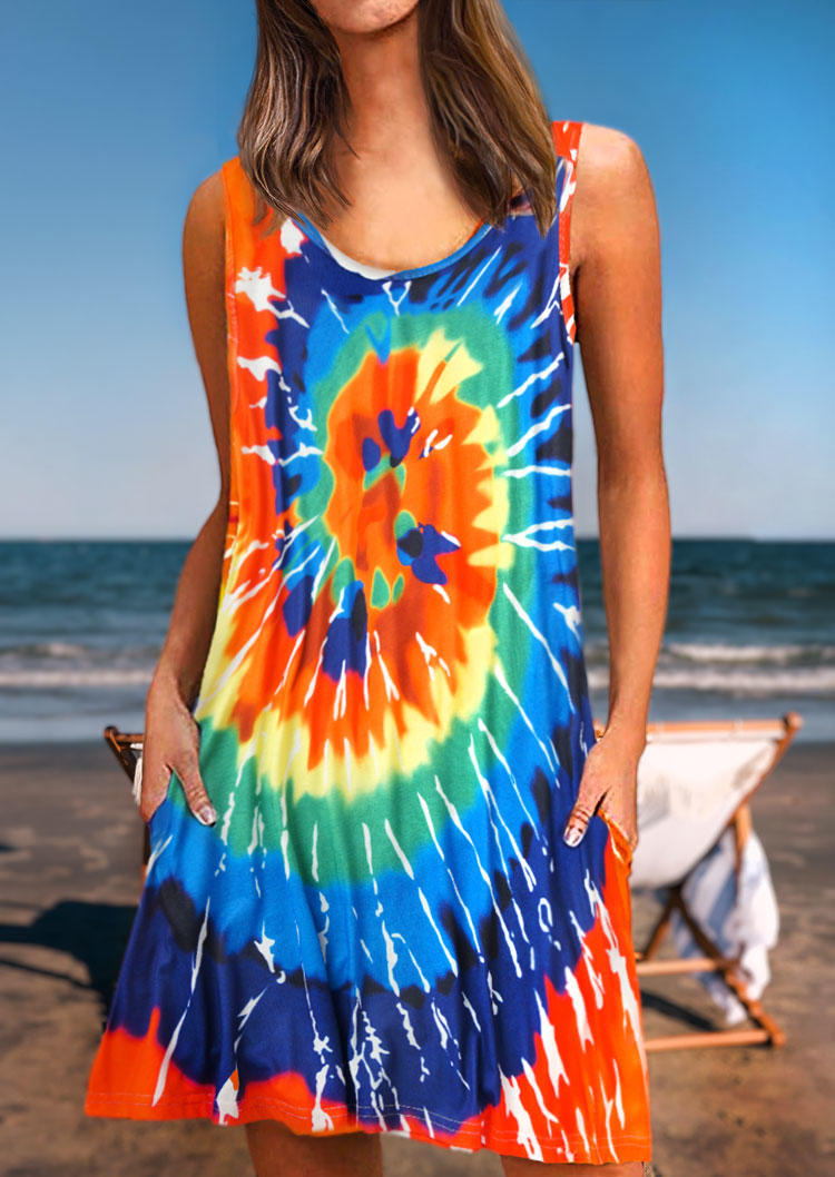 

Tie Dye Swirl Pocket Sleeveless Mini Dress, Multicolor, 502777