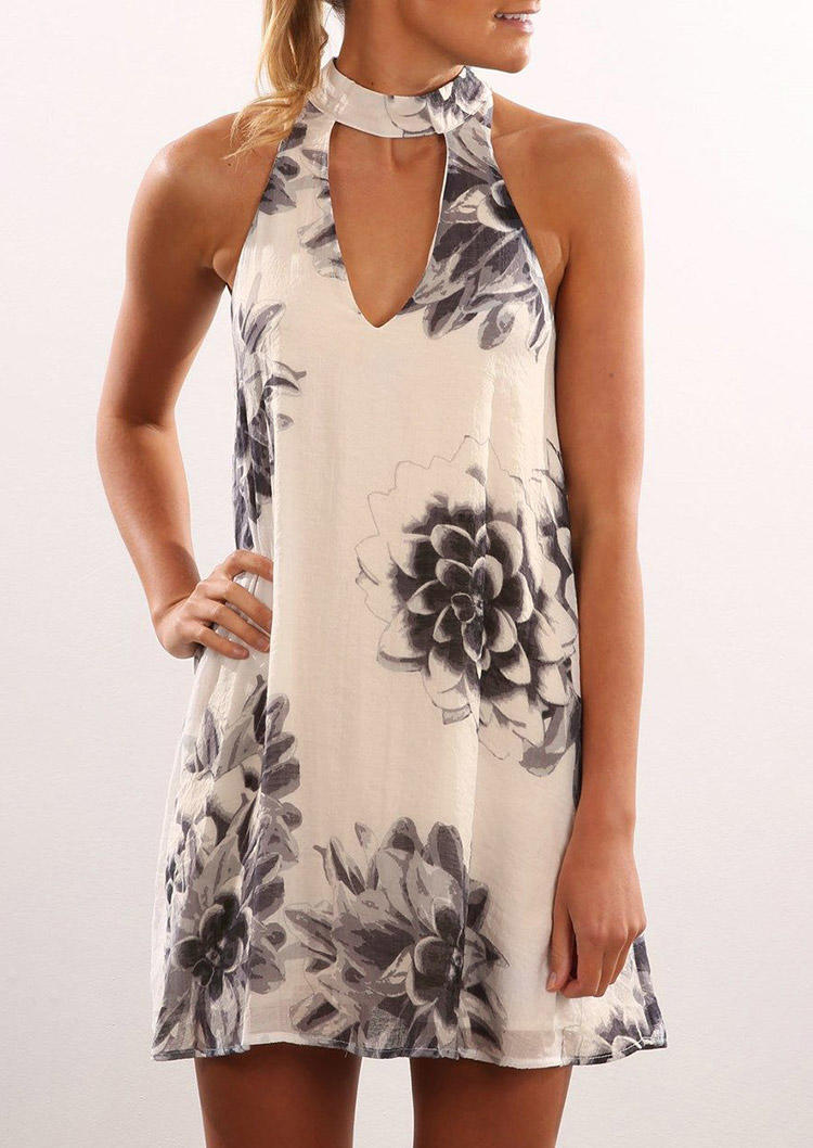 

Floral Keyhole Neck Halter Sleeveless Mini Dress - Apricot, 502795