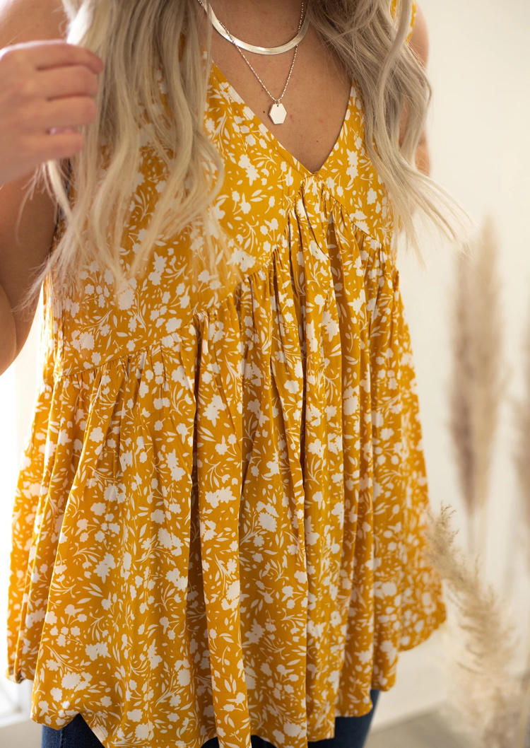 

Floral Ruffled V-Neck Sleeveless Tank - Yellow, 502903