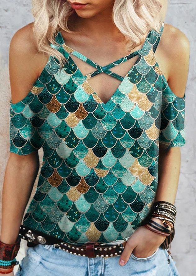 

Colorful Mermaid Scales Criss-Cross Cold Shoulder Blouse, Multicolor, 502577