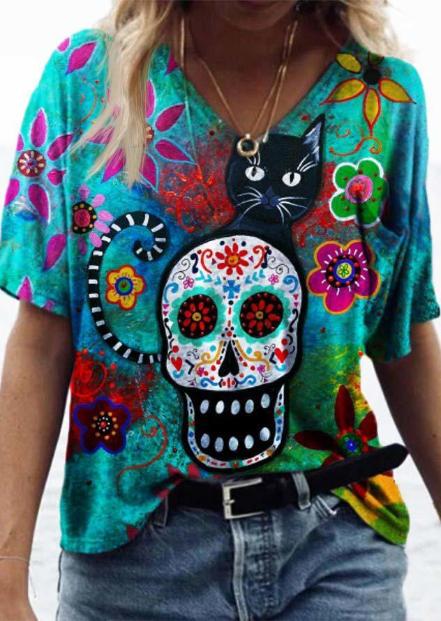 

Floral Cat Skull Blouse, Multicolor, 502585