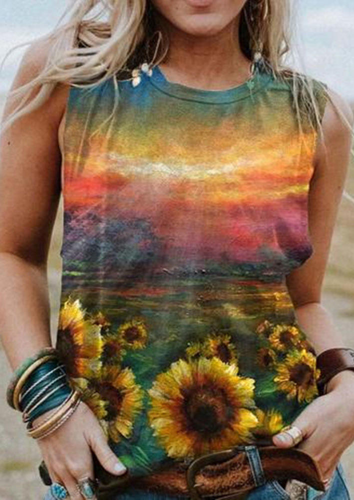 

Sunflower Oil Painting O-Neck Tank, Multicolor, 502651