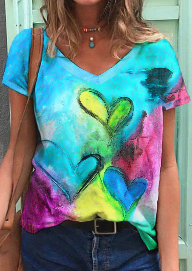 

Tie Dye Heart Short Sleeve V-Neck Blouse, Multicolor, 502839