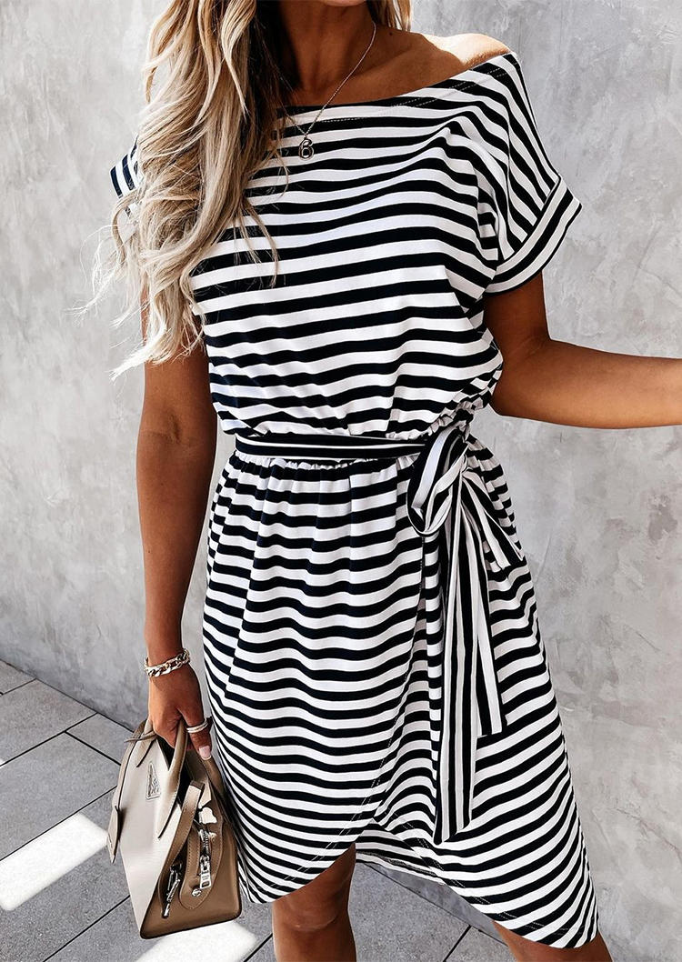 Striped O-Neck Asymmetric Mini Dress, Stripe, 502869