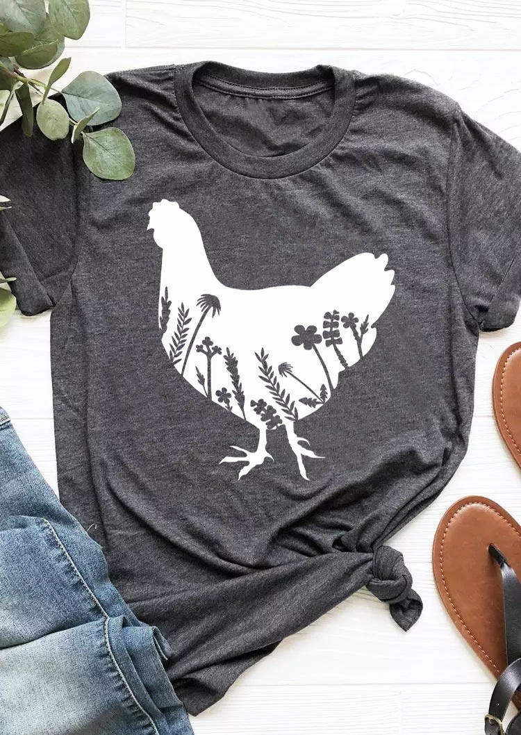 

Farm Floral Chicken O-Neck T-Shirt Tee - Dark Grey, 502875