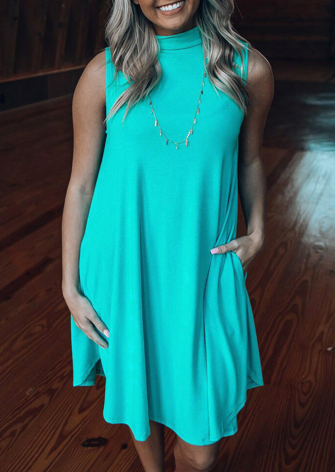

Pocket Sleeveless O-Neck Mini Dress - Cyan, 502890