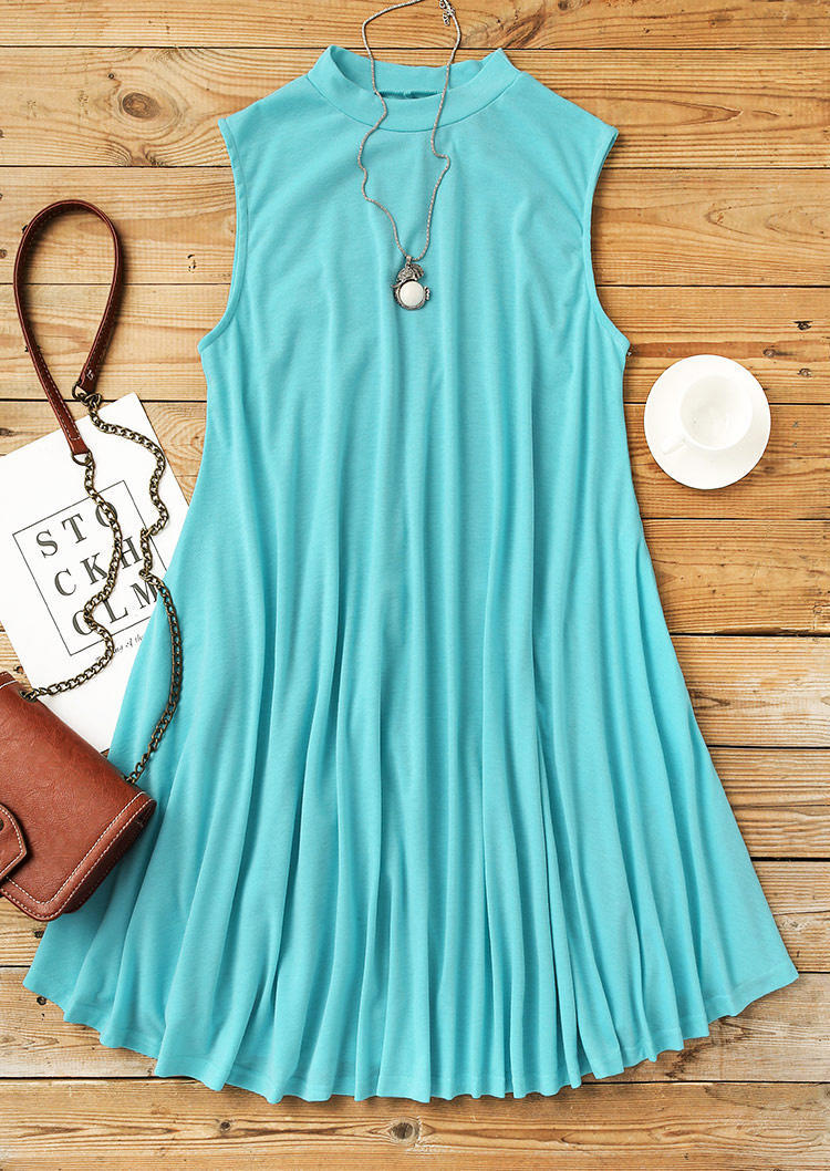 Pocket Sleeveless O-Neck Mini Dress - Cyan