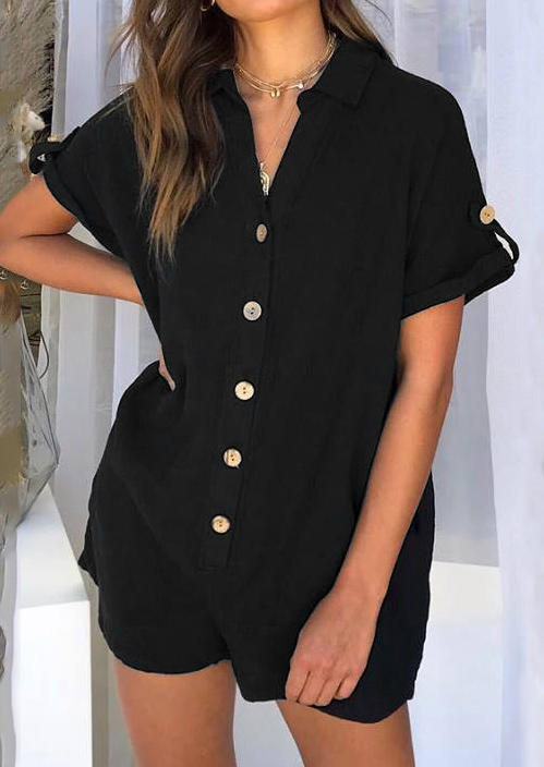 

Single Button Pocket Turn-Down Collar Romper - Black, 502944